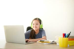 Asian schoolgirl Learn online from home through video calls. Using a laptop computer to communicate with teachers. Concept of online education. Social distancing to reduce the spread of coronavirus. photo