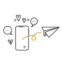 hand drawn doodle mobile phone send flying paper plane illustration vector