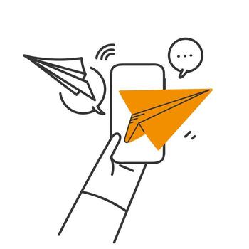 mano dibujado garabatear móvil teléfono enviar volador papel avión ilustración vector