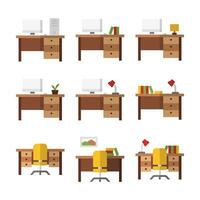 Wooden Office Desk Table Furniture Color Icon Set vector