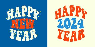 Groovy lettering Happy New Year. Holiday Trendy t shirt print design in shape. Vector illustration