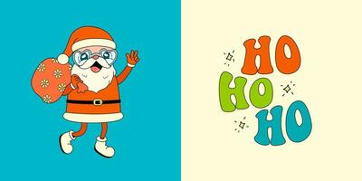 Groovy Santa Claus. Ho Ho Ho retro slogan trendy print design in shape. Vintage Christmas character. Vector illustration