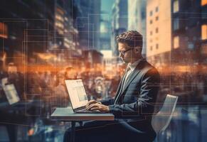 Ai generative double exposure photo of a business man using laptop on his desk front view office background realistic image, ultra hd, high design very detailed