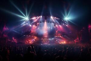 Ai generative Crowded Concert Stage Scenery With Spotlights and Colored Lights realistic image, ultra hd photo