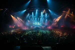 Ai generative Crowded Concert Stage Scenery With Spotlights and Colored Lights realistic image, ultra hd photo