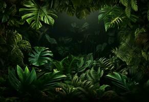 Ai Generative Beautiful jungle background with border made of tropical leaves backdrop with copy space photo