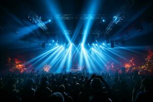 Ai generative Crowded Concert Stage Scenery With Spotlights and Colored Lights realistic image, ultra hd photo