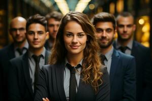 ai generativo grupo de contento negocio hombre y negocio mujer, vestido en trajes son sonriente, en el oficina foto