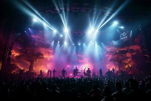 Ai generative Crowded Concert Stage Scenery With Spotlights and Colored Lights realistic image, ultra hd photo