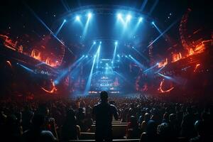 Ai generative Crowded Concert Stage Scenery With Spotlights and Colored Lights realistic image, ultra hd photo