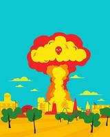 Nuclear explosion in city, vector flat illustration. Atomic war attack. Global catastrophe.