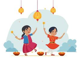 Diwali Hindu Festival vector flat illustration. The Indian boy and girl in traditional attire dance with Bengali lights in their hands.