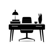 black and white illustration design of work table and chairs on a white background vector