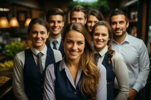 Ai Generative group of happy business man and business women, dressed in suits are smiling, in the office photo