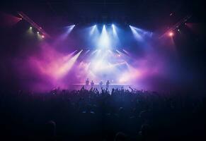 Ai generative Concert Stage Scenery With Spotlights Colored Lights Smoke photo