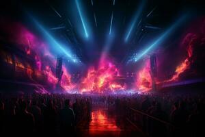 Ai generative Crowded Concert Stage Scenery With Spotlights and Colored Lights realistic image, ultra hd photo