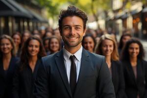 Ai Generative group of happy business man and business women, dressed in suits are smiling, in the office photo