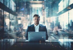 Ai generative double exposure photo of a business man using laptop on his desk front view office background realistic image, ultra hd, high design very detailed