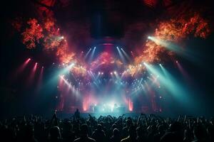 Ai generative Crowded Concert Stage Scenery With Spotlights and Colored Lights realistic image, ultra hd photo