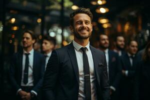 ai generativo grupo de contento negocio hombre y negocio mujer, vestido en trajes son sonriente, en el oficina foto