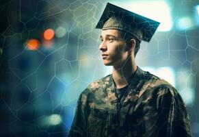 Ai Generative Double exposure photo of Young man with graduation cap technology background realistic image