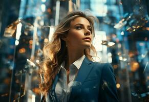 Ai generative Double Exposure of a Business women in the Cityscape Embodies Success and Future Plans realistic photo