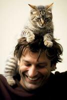 a kitten perched on the head of a man laughing happily AI generated photo