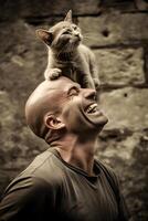 a kitten perched on the head of a man laughing happily photo