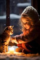 un niño y un gato en frente de el hogar y vela generado ai foto