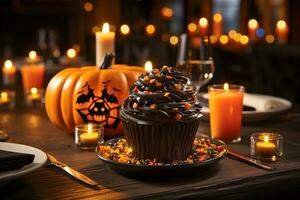 adorable spooky colorful halloween cupcake, AI generated photo