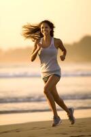 un hermosa mujer correr a el playa en alegre Mañana. en movimiento ai generado foto