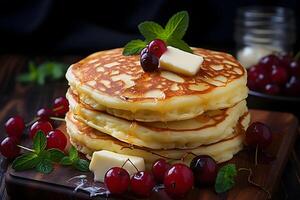 Pancakes with butter honey and maple syrup photo
