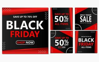 five sets of social media template designs in red and black colors. black friday social media post design for promotion. vector