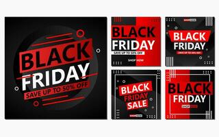 five sets of social media template designs in red and black colors. black friday social media post design for promotion. vector
