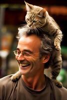 a kitten perched on the head of a man laughing happily photo