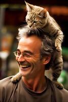 a kitten perched on the head of a man laughing happily AI generated photo