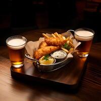 crujiente pescado y papas fritas cesta con cerveza ai generativo foto