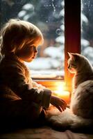 un niño y un gato en frente de el hogar y vela generado ai foto