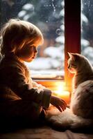 un niño y un gato en frente de el hogar y vela generado ai foto