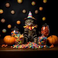 a holloween pumpkins, cat dressed as a witch wearing a black cape and a purple hat with colorful candy generated AI photo