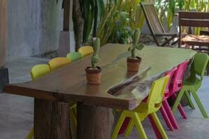 Colorful chairs are arranged around a table made of solid wood with a stuffed cactus swaying on top. photo