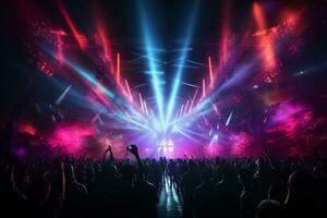 Ai generative Crowded Concert Stage Scenery With Spotlights and Colored Lights realistic image, ultra hd photo