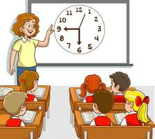 educación vector concepto. hembra profesor enseñando acerca de hora a elemental colegio estudiantes en el clase
