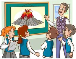 The teacher explains the structure of the volcano to the students in the classroom vector