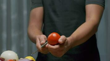 A professional chef cuts a tomato while holding it. Close up slow motion. video