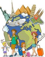 family vacations travel vector illustration.Plane flying over the world isolated on white background. Travel concept. Vector stock