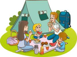 vector ilustración de familia picnic y cámping y pescar