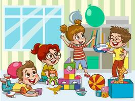 cute little kids playing with toys in preschool classroom vector