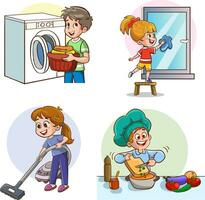 Cartoon kids doing housework, kids helping with housework. Boys and girls sweep, dust, wash dishes, mop the floor. cooking, washing laundry. vector