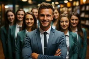 Ai Generative group of happy business man and business women, dressed in suits are smiling, in the office photo